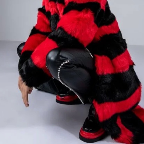 Red and Black Fur Trench Coat - Picture 10 of 10